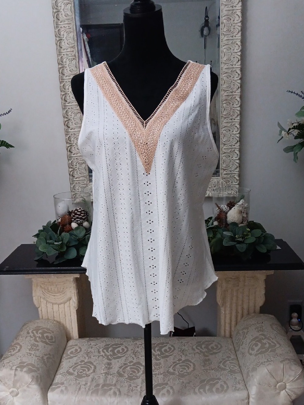 Women's White Eyelet V-Neck Tank with Beige Crochet Trim
